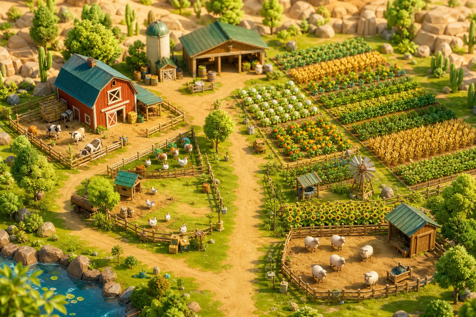 Illusztráció: rendezett farmterület növényi sorokkal, épületekkel és állatokkal