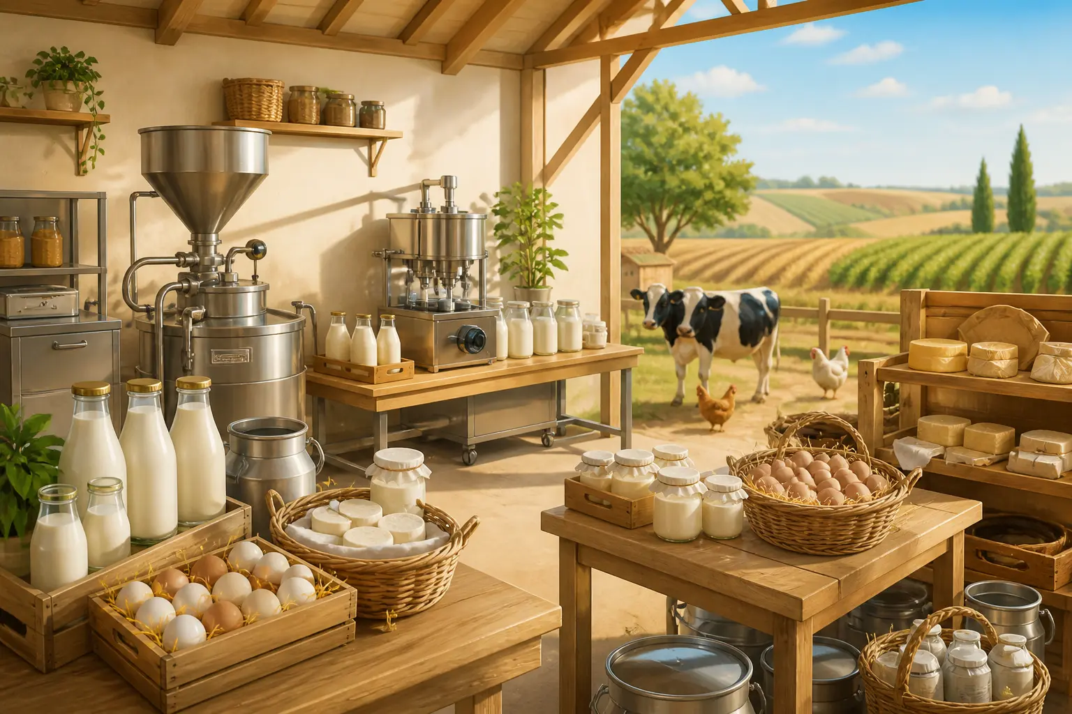 Illusztráció: feldolgozó gépek és kész áruk a farmon
